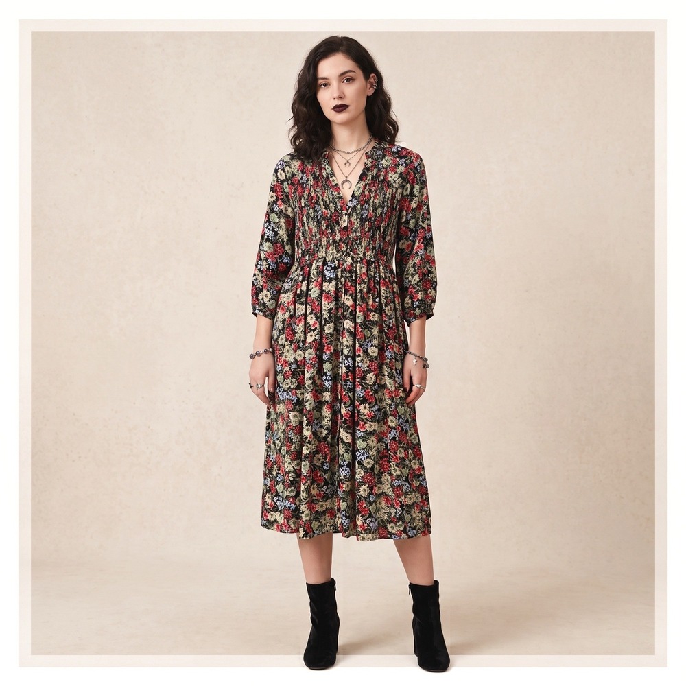 ZARA Floral Smocked Midi Dress Ss S Whimsigoth Cottagecore Floral Romantic Boho